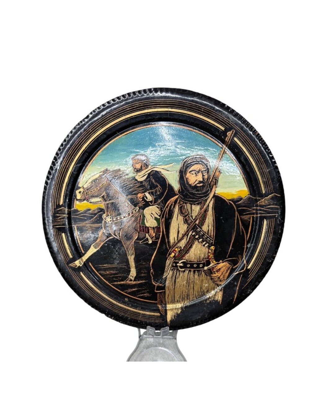 Middle Eastern Decorative Wall Plate Hand Hammered Painted Warrior & Horse 12"